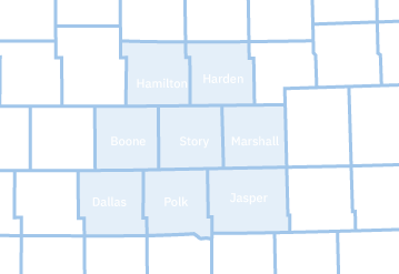 Service Area Map: Story, Polk, Jasper, Dallas, Boone, Hamilton, Harden, and Marshall counties